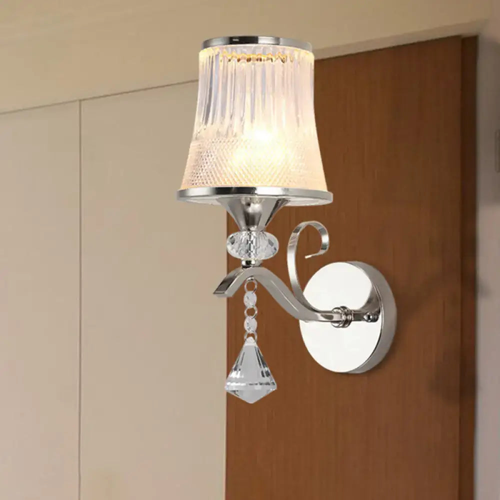 A modern chrome wall light fixture with frosted glass shade and crystal pendant for bedroom led incandescent fluorescent use