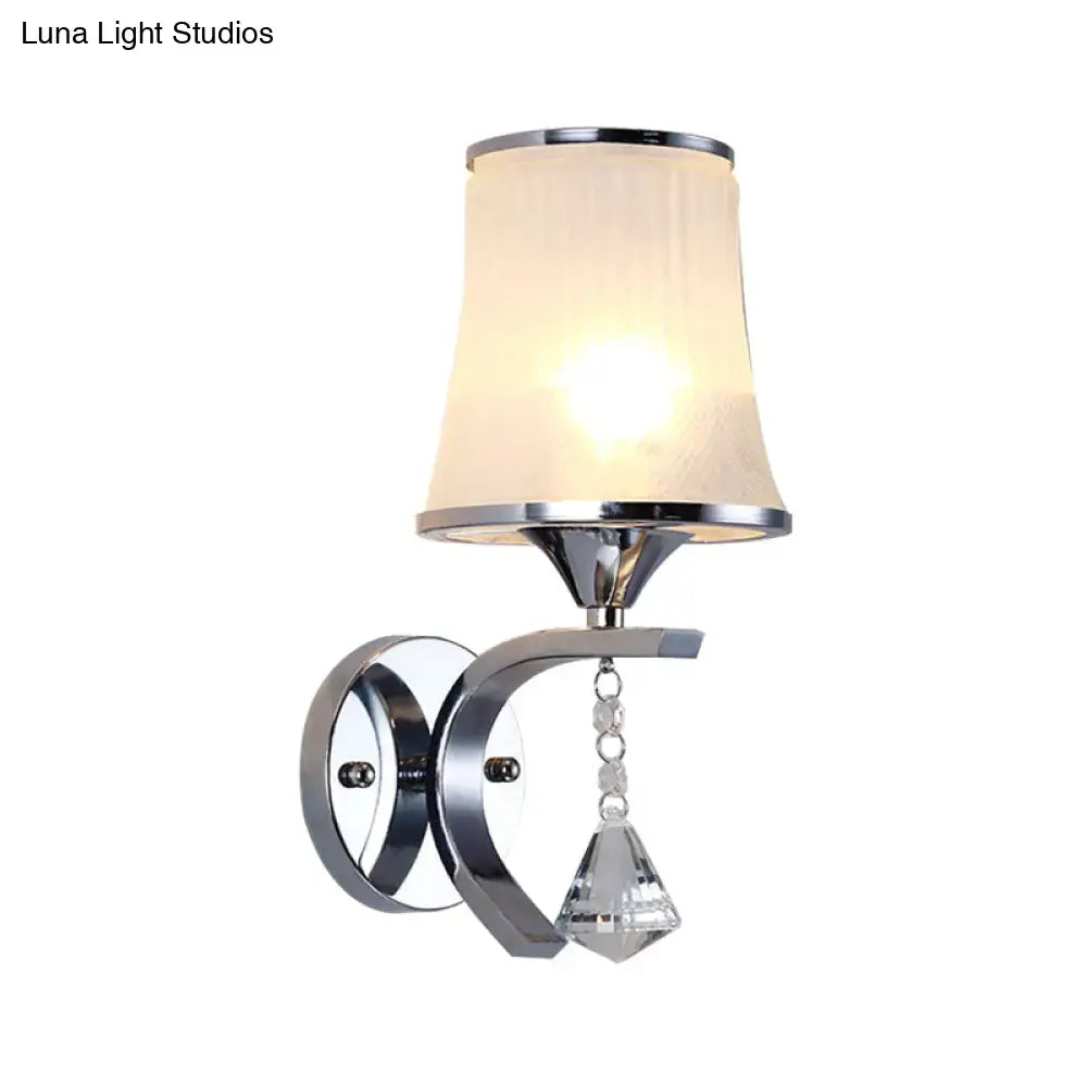 Modern chrome wall light fixture with cream fabric shade and crystal pendant suitable for led incandescent fluorescent bulbs