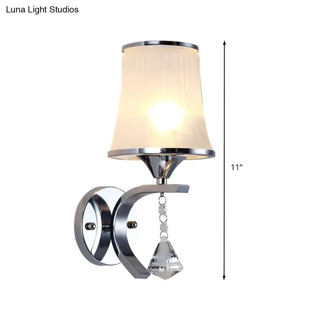 Modern chrome wall light fixture with cream fabric shade and crystal pendant suitable for led incandescent fluorescent bulbs