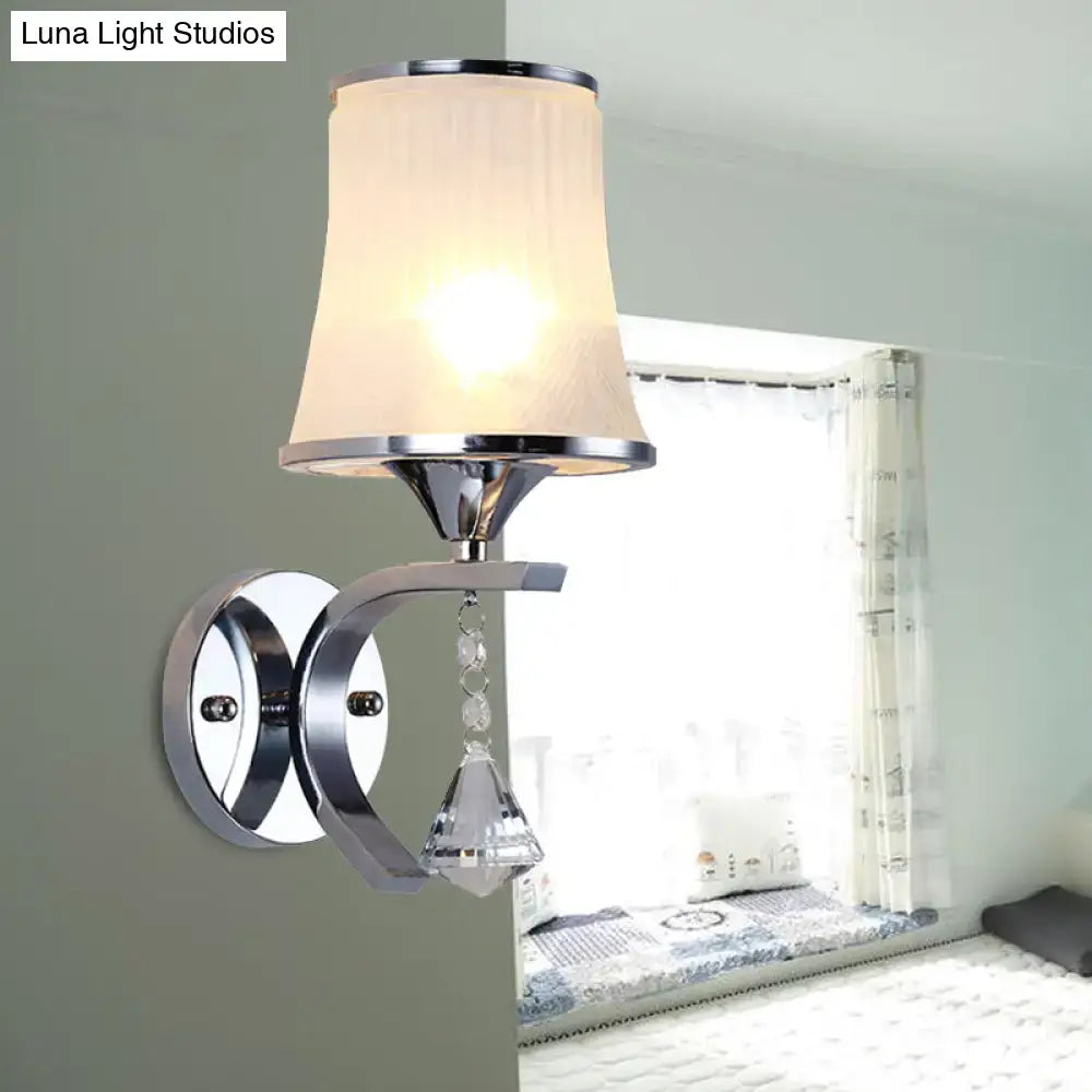 Modern chrome wall light fixture with cream fabric shade and crystal pendant suitable for led incandescent fluorescent bulbs