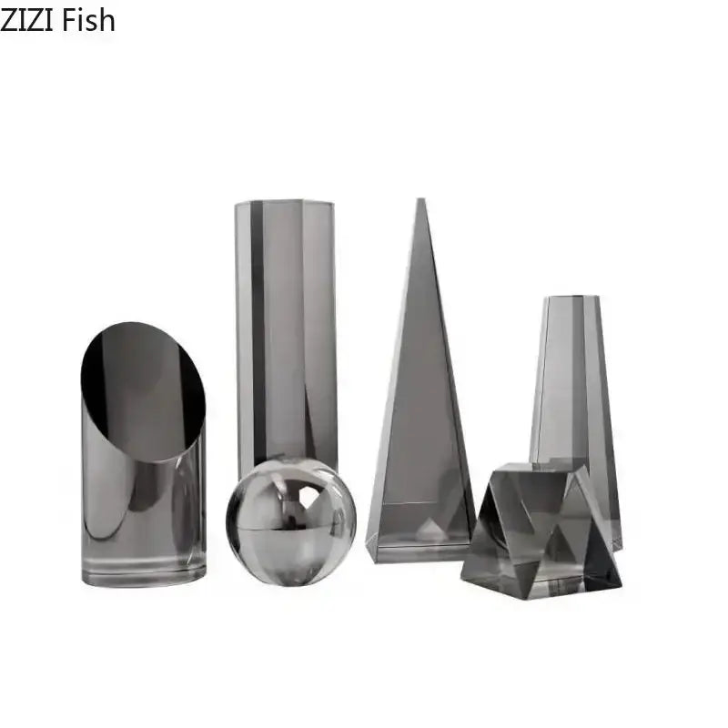 Set of six sleek translucent gray glass geometric crystal artwork polyhedron vases for modern decorbites decor