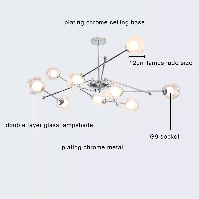 Modern chrome glass ball led chandelier with twelve spherical double-layer glass lampshades for dining room decorbites glass ball