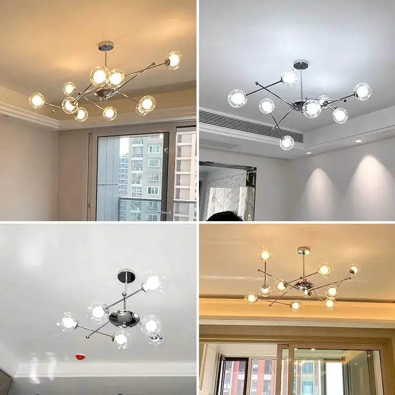 Modern chrome glass ball led chandelier with clear globe bulbs and branching metal frame for dining room decorbites glass ball
