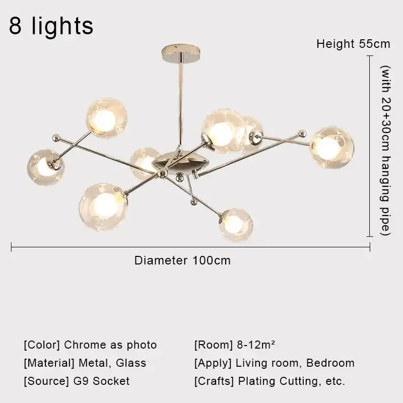 Modern chrome glass ball led chandelier with eight glowing glass globe lights for dining room decorbites design
