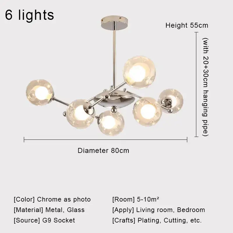 Modern chrome glass ball led chandelier with six faceted globes designed as a dining room pendant light decorbites led chandelier