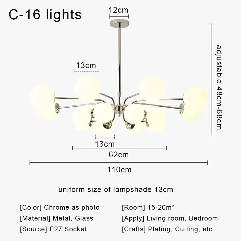 Modern chrome glass ball led chandelier with 16 frosted glass lampshades for stylish living room decorbites glass ball light