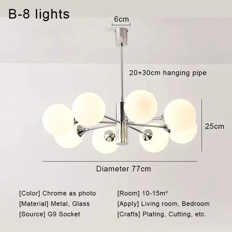 Modern chrome glass ball led chandelier with eight frosted glass globe shades for living room decorbites glass ball lighting