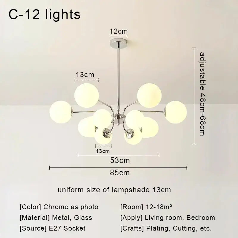 Modern chrome glass ball led chandelier with twelve uniform 13cm spherical glass lampshades for living room decorbites glass ball