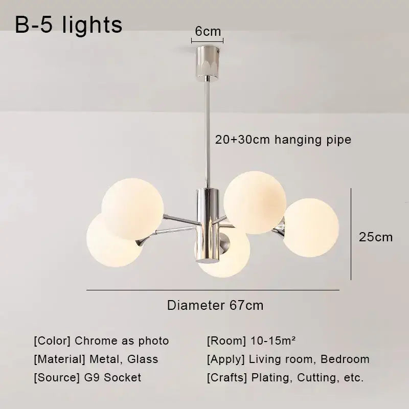 Modern chrome glass ball led chandelier with five frosted spherical bulbs for living room decorbites glass ball lighting