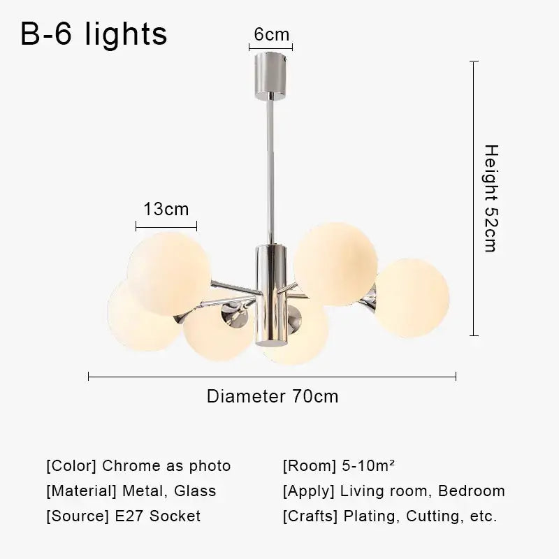 Modern chrome glass ball led chandelier with six frosted glass globe shades for living room decorbites glass ball light