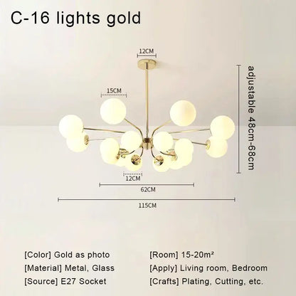 Modern chrome glass ball led chandelier with gold c-16 frame and frosted glass globe lights for living room decorbites glass ball