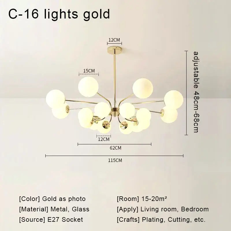 Modern chrome glass ball led chandelier with gold c-16 frame and frosted glass globe lights for living room decorbites glass ball