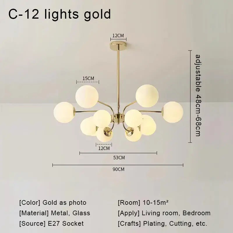 Gold-finished c-12 chandelier with twelve frosted glass ball led shades for modern living room decorbites glass ball light