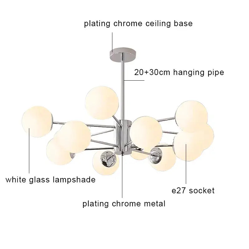 Modern chrome glass ball led chandelier with multiple white glass lampshades for living room decorbites glass ball lighting