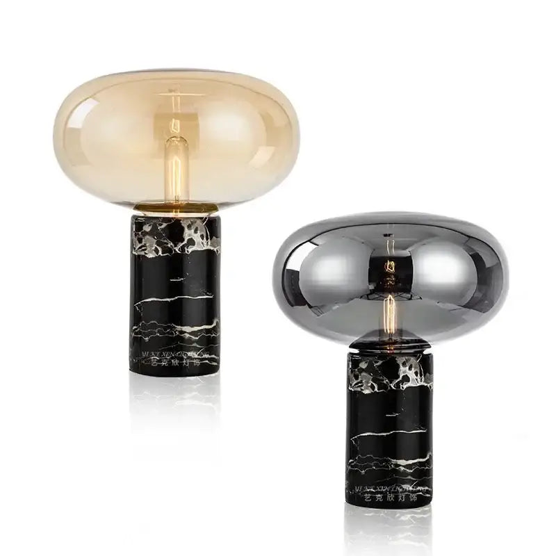 Modern chrome glass ball marble desk lamp with amber and mirrored black glass shades on dark marble bases for bedroom light