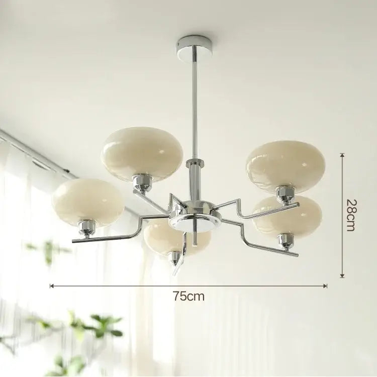 Modern chrome glass ball pendant chandelier with five cream-colored glass globe shades for bedroom decorbites glass ball