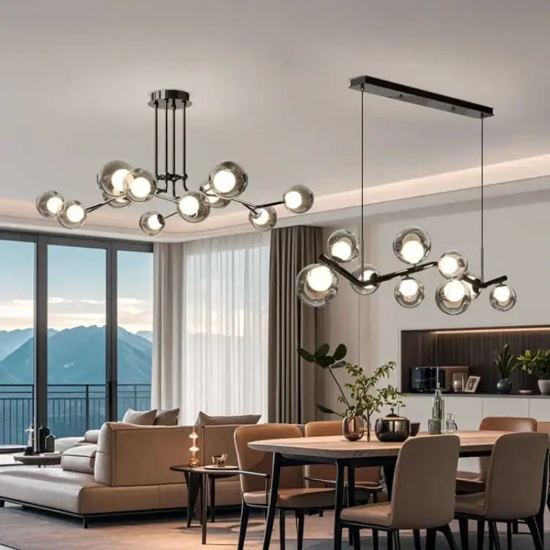Modern chrome glass globe chandelier with black metal arms and spherical glass globe black led for dining room lighting