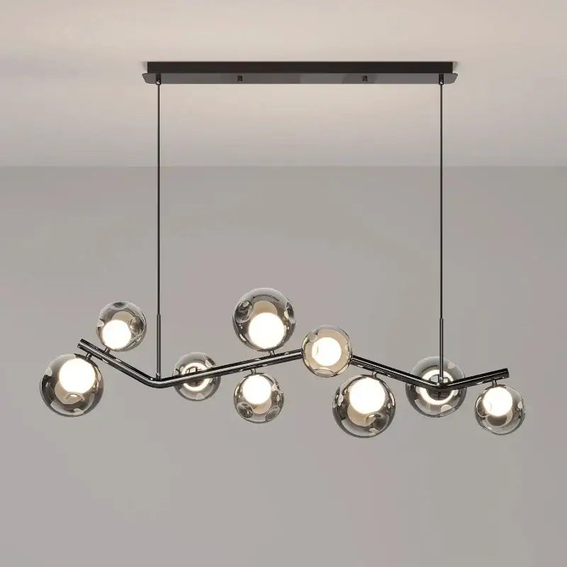 Modern chrome glass globe chandelier with multiple spherical black glass globe led bulbs for dining room lighting