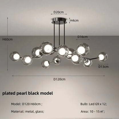 Modern chrome glass globe chandelier with black-plated metal and spherical glass globe black led bulbs for dining room use