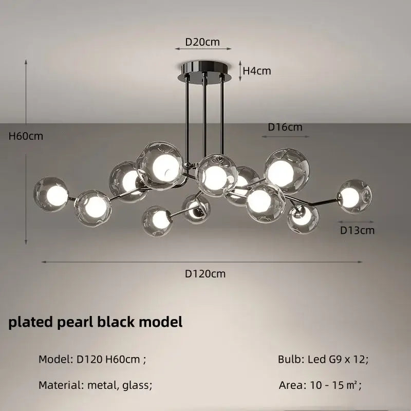Modern chrome glass globe chandelier with black-plated metal and spherical glass globe black led bulbs for dining room use