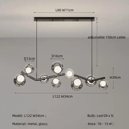 Modern chrome glass globe chandelier with nine spherical bulbs on curved metal frame for dining room lighting