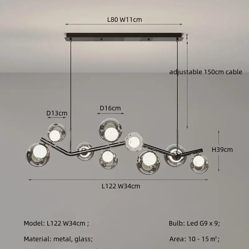 Modern chrome glass globe chandelier with nine spherical bulbs on curved metal frame for dining room lighting