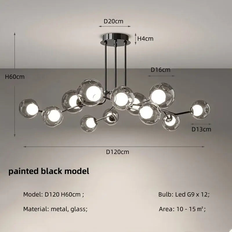 Modern chrome glass globe chandelier with multiple spherical glass globe black led bulbs on black metal frame for dining room
