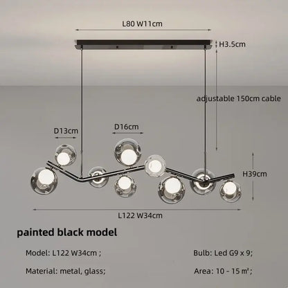 Modern chrome glass globe chandelier with a sleek black metal frame and clear glass globe for dining room lighting