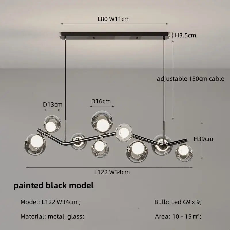 Modern chrome glass globe chandelier with a sleek black metal frame and clear glass globe for dining room lighting