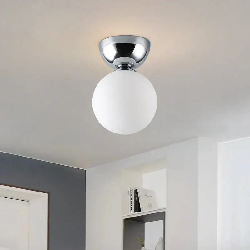Modern chrome glass iron led ceiling light with frosted white spherical globe for bedroom decorbites glass iron fixture