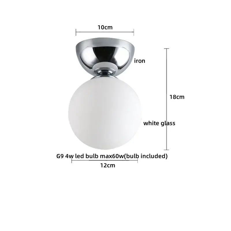 A modern chrome glass iron led ceiling light with a frosted white glass globe for bedroom decorbites glass iron