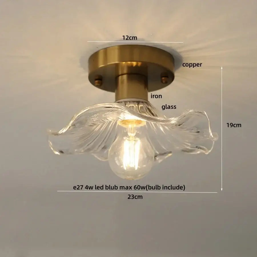 Modern chrome glass led ceiling light with a clear flower-shaped pendant and brass-finished copper iron base ceiling lamp