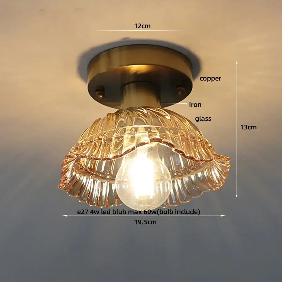 Vintage-style ceiling lamp with brass copper iron base and amber glass led ceiling light shade shaped like overlapping leaves