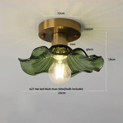 Modern chrome glass led ceiling light featuring a green glass leaf-shaped pendant with copper and iron base