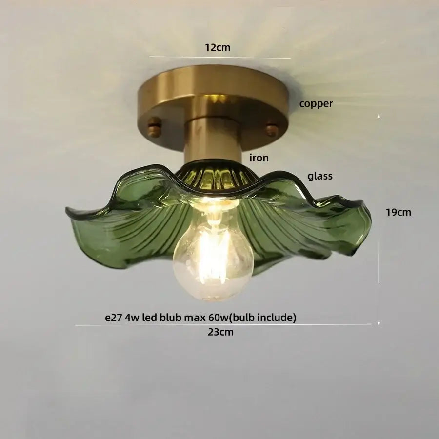 Modern chrome glass led ceiling light featuring a green glass leaf-shaped pendant with copper and iron base