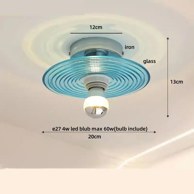 Modern chrome glass led ceiling light with a translucent blue frosted ribbed glass shade on an iron base ceiling lamp