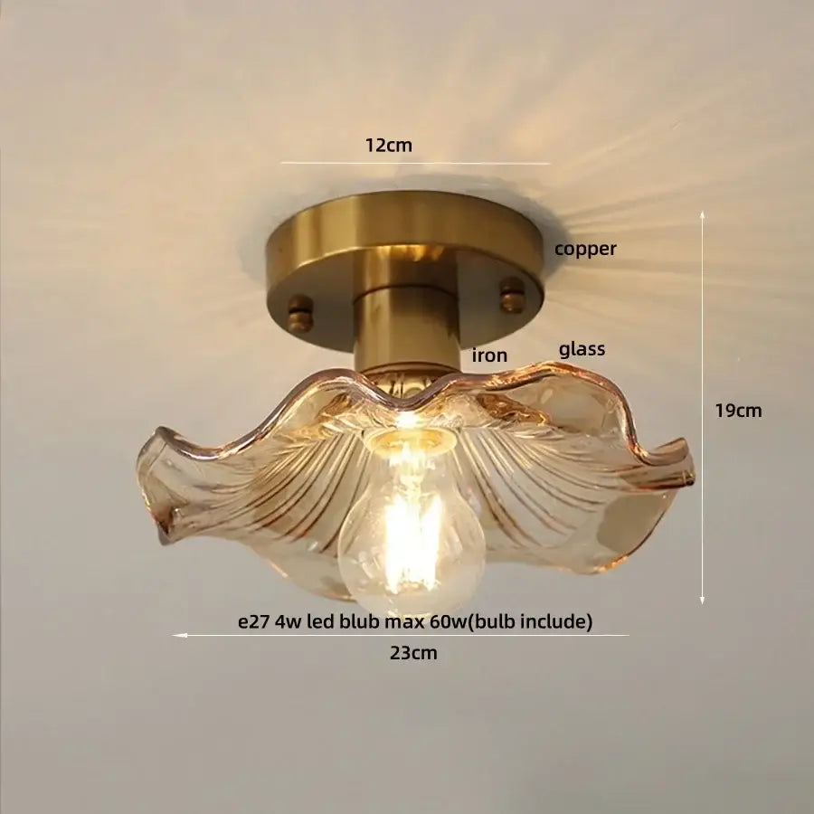 Vintage-style ceiling light with copper metal base, iron stem, and amber glass led ceiling lamp for bedroom use