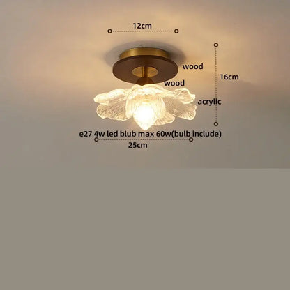 Modern glass led ceiling lamp with delicate acrylic flower design and warm brass wood base for bedroom lighting