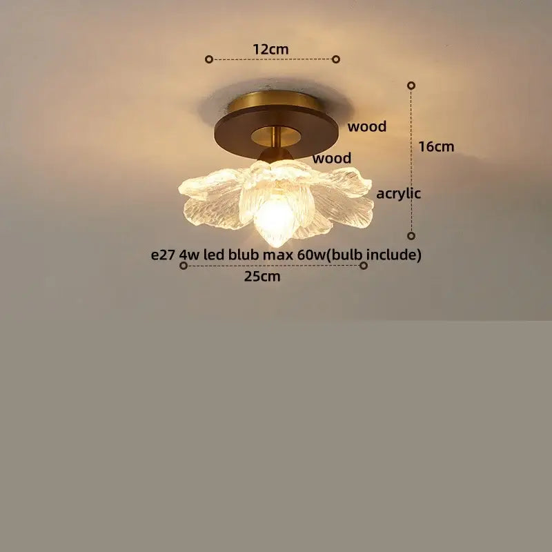 Modern glass led ceiling lamp with delicate acrylic flower design and warm brass wood base for bedroom lighting