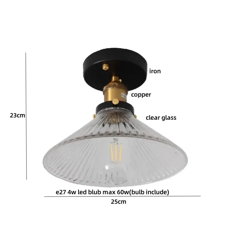 Modern chrome glass led ceiling light featuring a clear ribbed pendant with black iron and brass copper accents