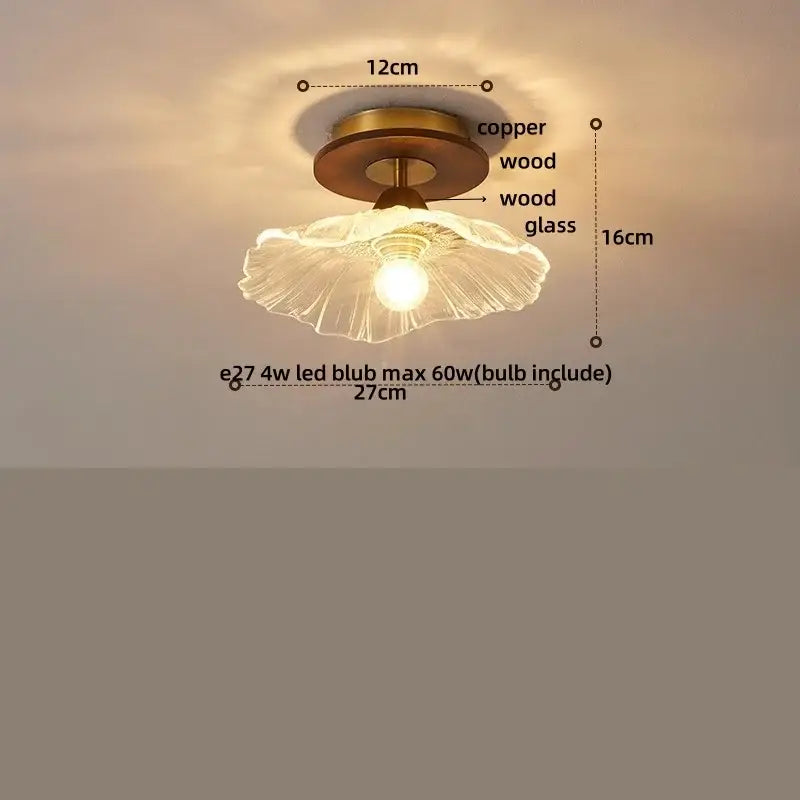 A warm-toned vintage-style ceiling lamp with copper base and translucent glass shade for bedroom lighting