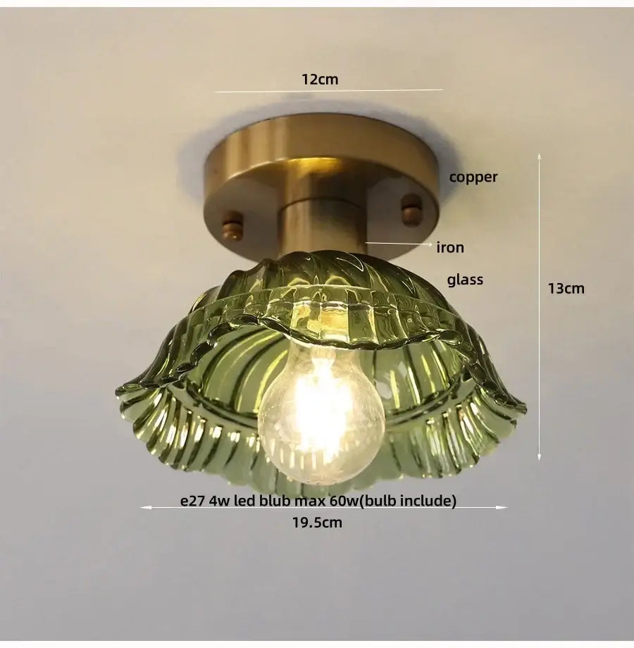 Vintage-style ceiling lamp with brass-finished copper and iron mounting plate and olive-green glass led ceiling shade