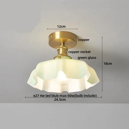 Vintage-style ceiling lamp with brass copper finish and translucent green glass led ceiling light shade with ruffled edges