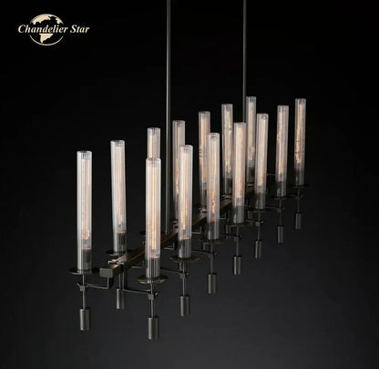 Modern black metal led linear chandelier with clear glass cylindrical shades and warm glass led bulbs for dining room