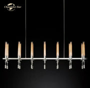 Modern chrome glass led linear chandelier with seven illuminated glass tubes and sleek metallic accents for dining room