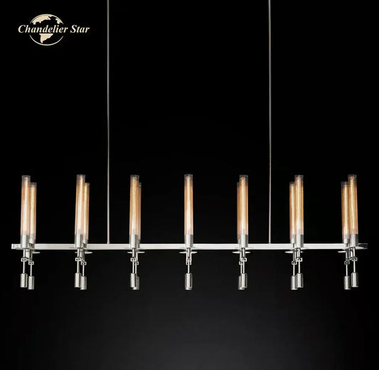 Modern chrome glass led linear chandelier with seven illuminated glass tubes and sleek metallic accents for dining room