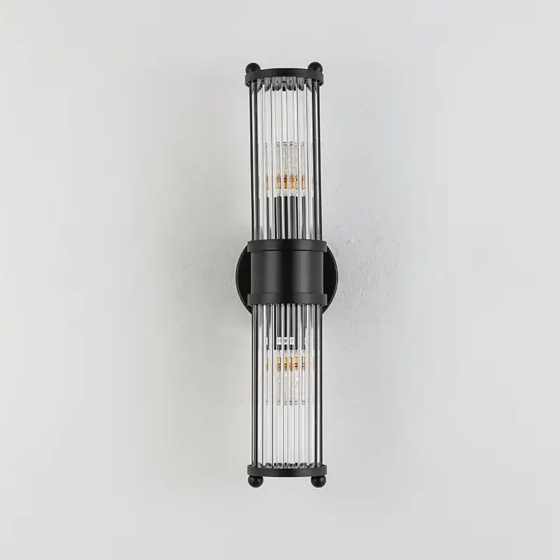 Modern chrome glass rod wall sconce with black metal and clear glass for bathroom vanity lights and rod wall sconce use