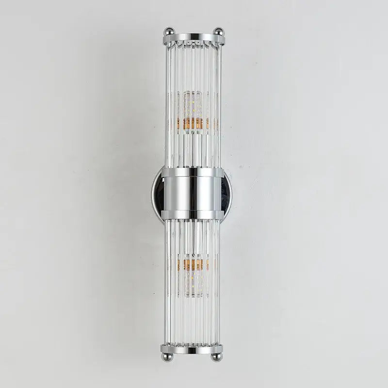 Modern chrome glass rod wall sconce with vertical rods and two embedded led bulbs, ideal for vanity lights in bathroom
