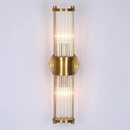 Modern chrome glass rod wall sconce with gold-toned vertical glass rods designed as vanity lights for bathrooms