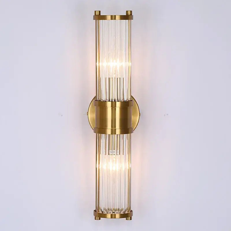 Modern chrome glass rod wall sconce with gold-toned vertical glass rods designed as vanity lights for bathrooms